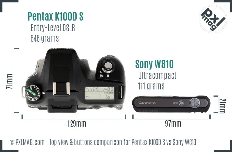 Pentax K100D S vs Sony W810 top view buttons comparison Pentax K100D S vs Sony W810 top view buttons comparison