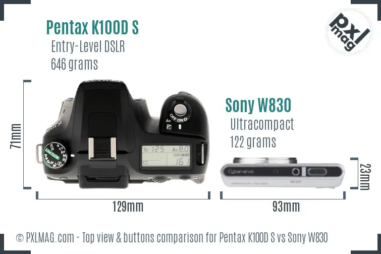 Pentax K100D S vs Sony W830 top view buttons comparison