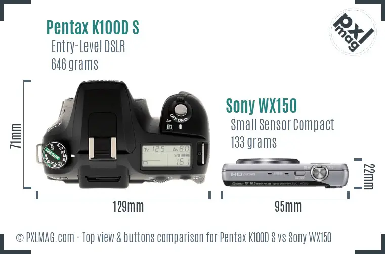 Pentax K100D S vs Sony WX150 top view buttons comparison