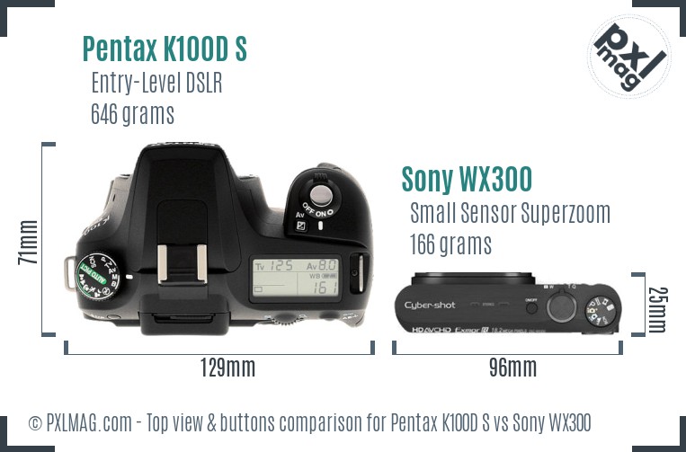 Pentax K100D S vs Sony WX300 top view buttons comparison
