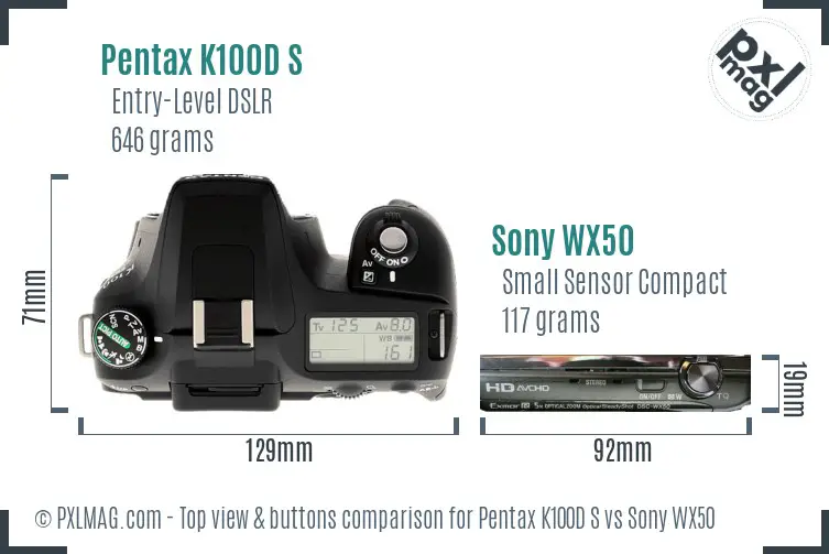 Pentax K100D S vs Sony WX50 top view buttons comparison
