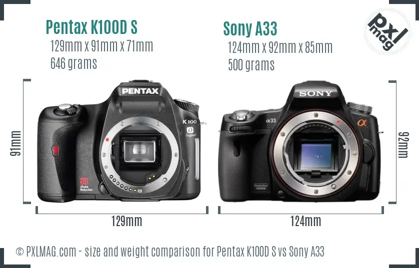 Pentax K100D S vs Sony A33 size comparison