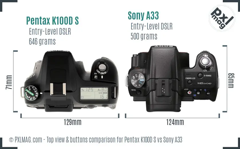 Pentax K100D S vs Sony A33 top view buttons comparison