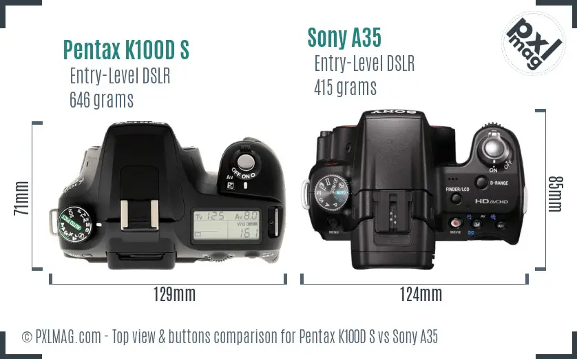 Pentax K100D S vs Sony A35 top view buttons comparison