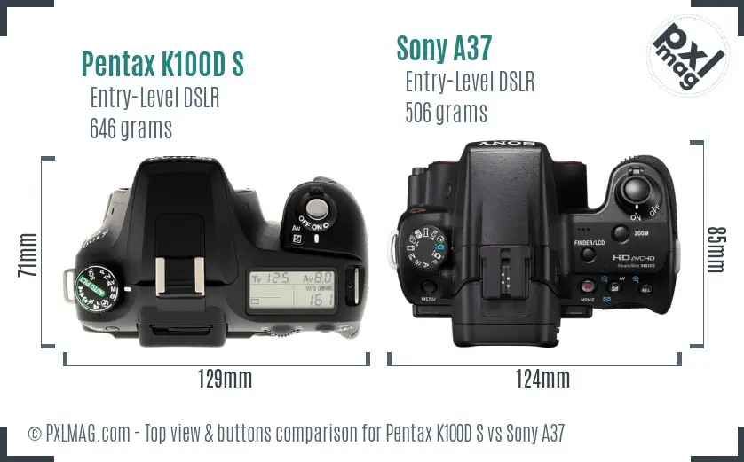 Pentax K100D S vs Sony A37 top view buttons comparison