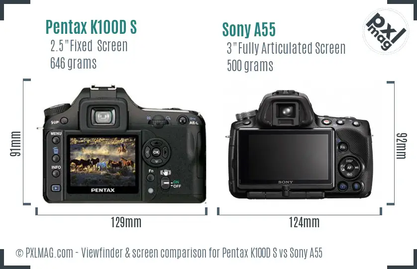 Pentax K100D S vs Sony A55 Screen and Viewfinder comparison