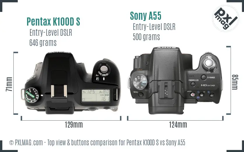 Pentax K100D S vs Sony A55 top view buttons comparison