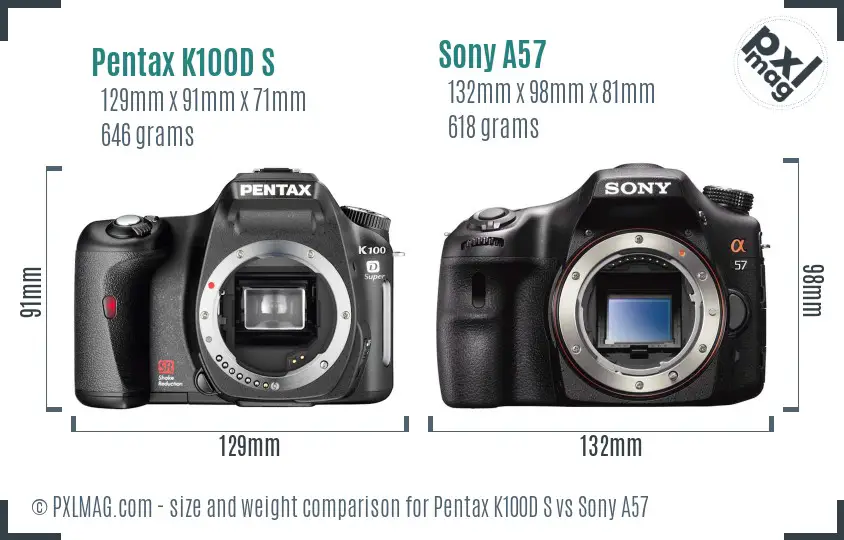 Pentax K100D S vs Sony A57 size comparison