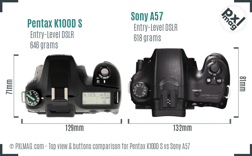 Pentax K100D S vs Sony A57 top view buttons comparison