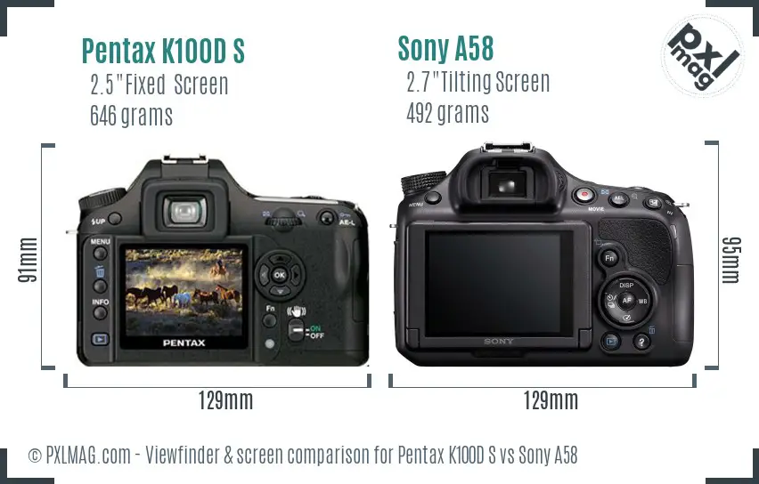Pentax K100D S vs Sony A58 Screen and Viewfinder comparison