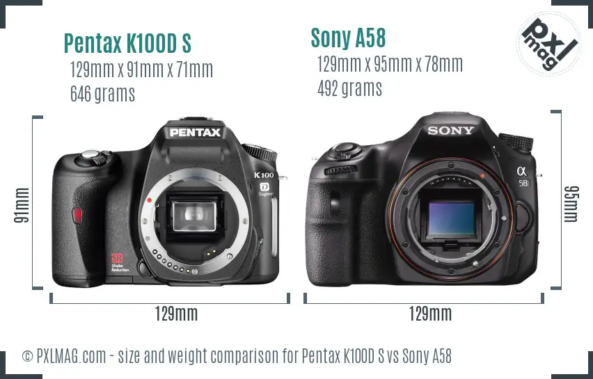 Pentax K100D S vs Sony A58 size comparison
