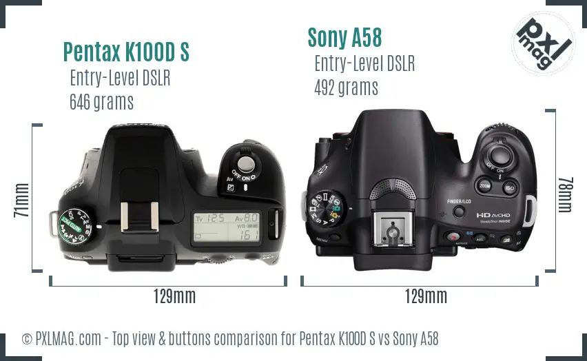 Pentax K100D S vs Sony A58 top view buttons comparison