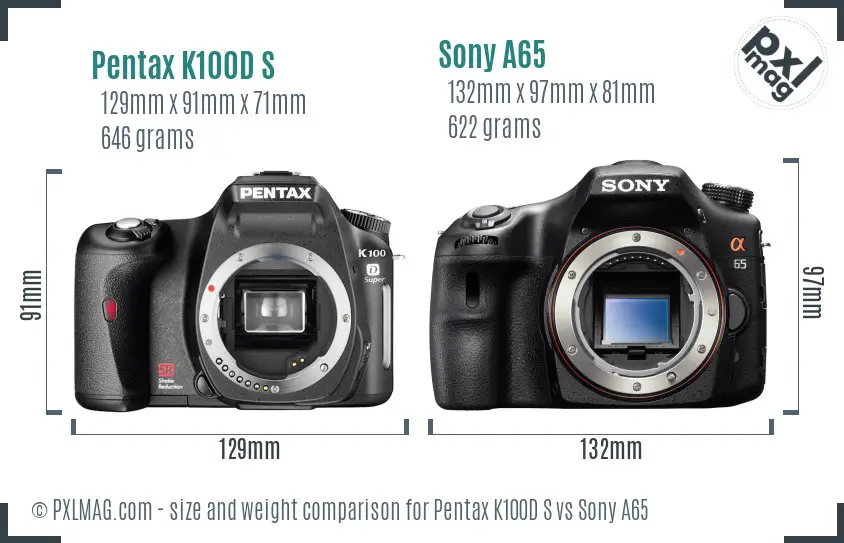 Pentax K100D S vs Sony A65 size comparison