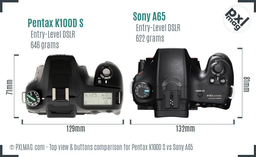 Pentax K100D S vs Sony A65 top view buttons comparison