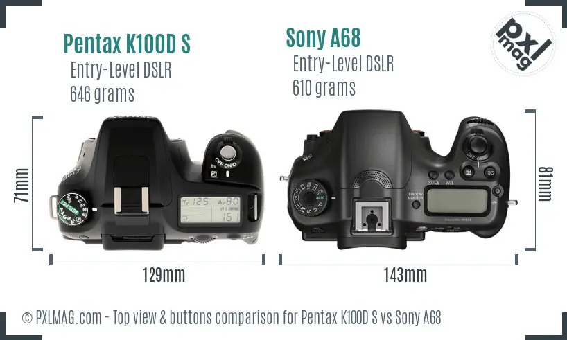 Pentax K100D S vs Sony A68 top view buttons comparison