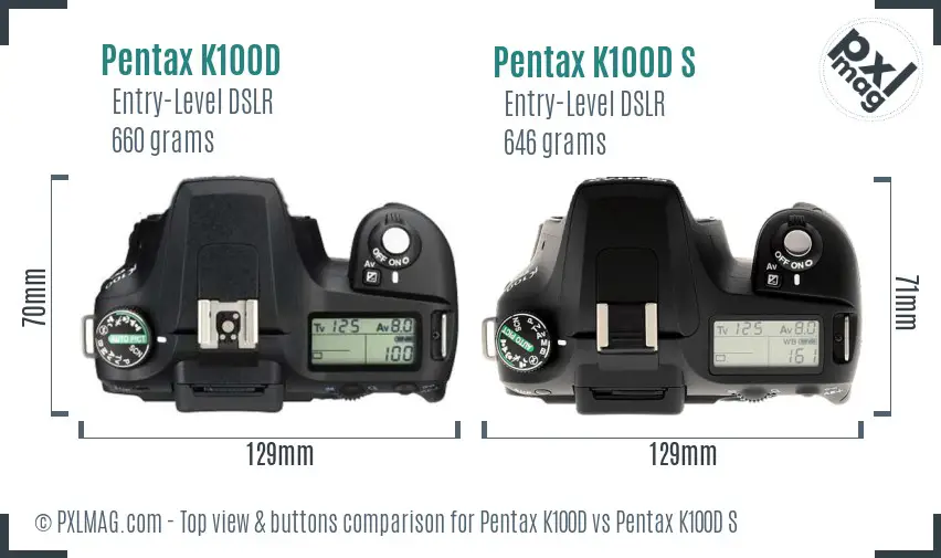 Pentax K100D vs Pentax K100D S top view buttons comparison