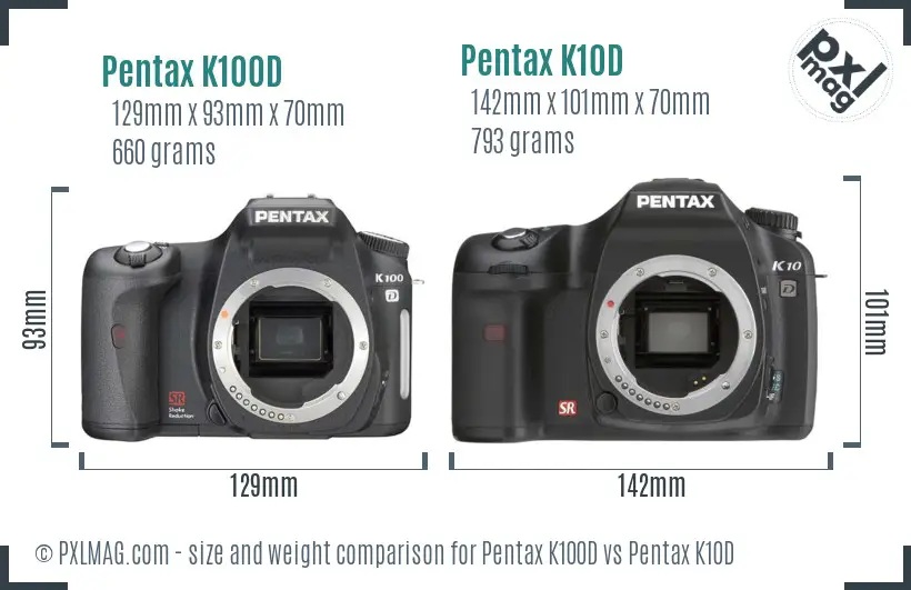 Pentax K100D vs Pentax K10D size comparison