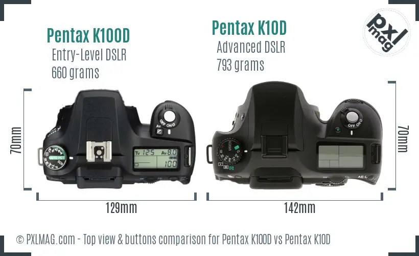 Pentax K100D vs Pentax K10D top view buttons comparison