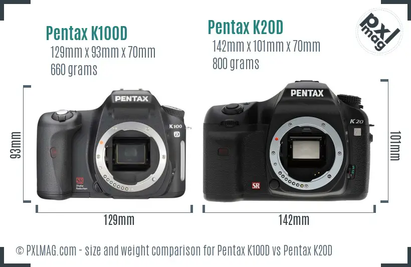 Pentax K100D vs Pentax K20D size comparison