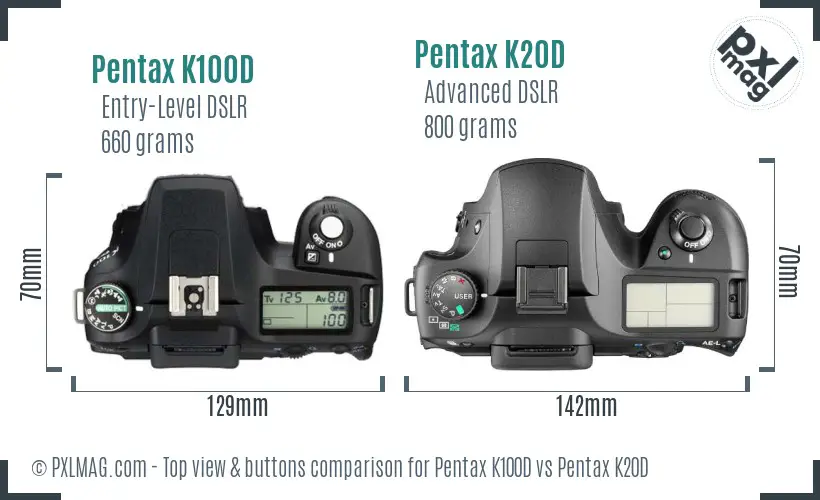 Pentax K100D vs Pentax K20D top view buttons comparison