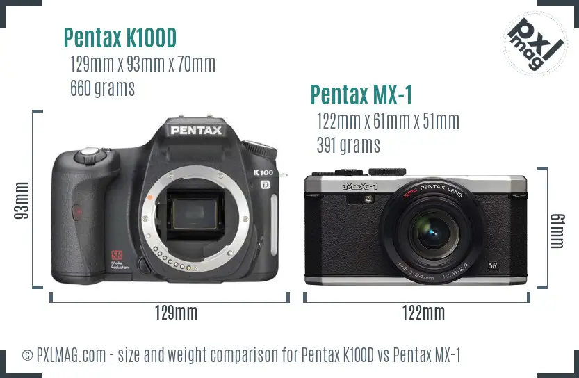 Pentax K100D vs Pentax MX-1 size comparison