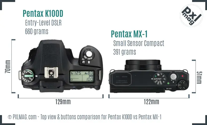 Pentax K100D vs Pentax MX-1 top view buttons comparison