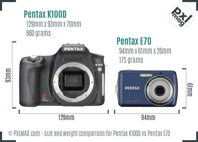Pentax K100D vs Pentax E70 size comparison