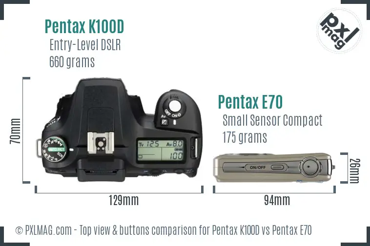 Pentax K100D vs Pentax E70 top view buttons comparison