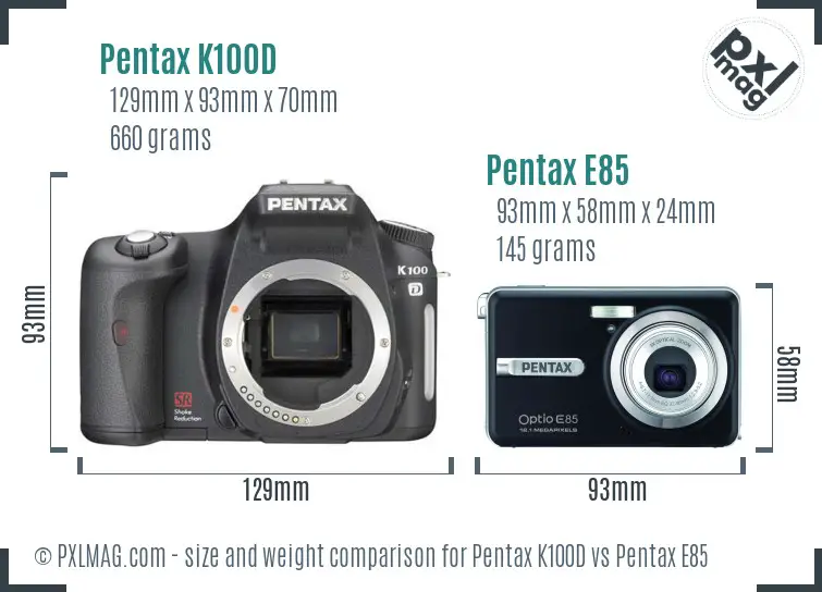 Pentax K100D vs Pentax E85 size comparison