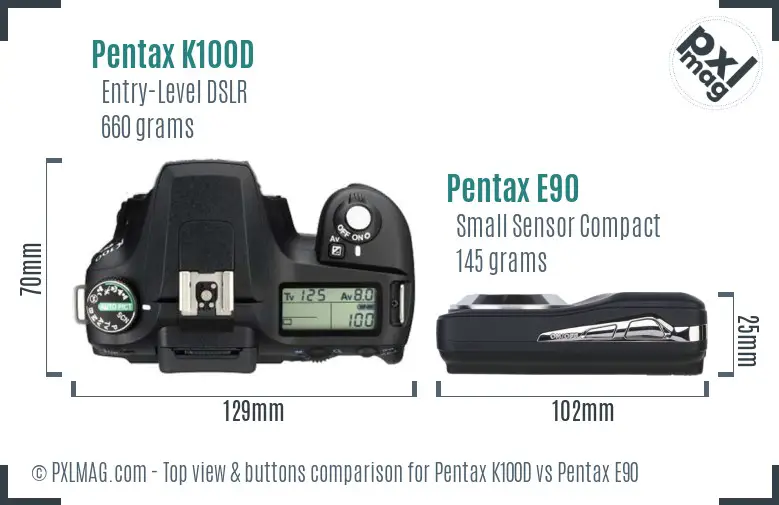 Pentax K100D vs Pentax E90 top view buttons comparison