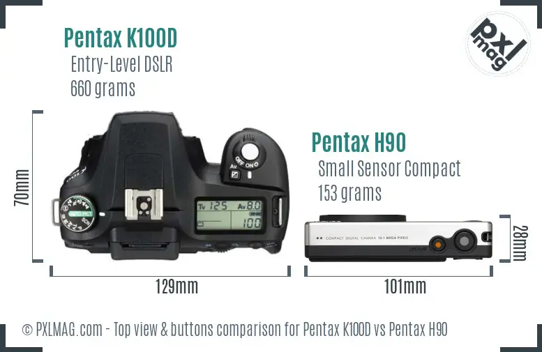 Pentax K100D vs Pentax H90 top view buttons comparison
