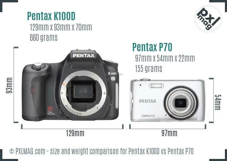 Pentax K100D vs Pentax P70 size comparison