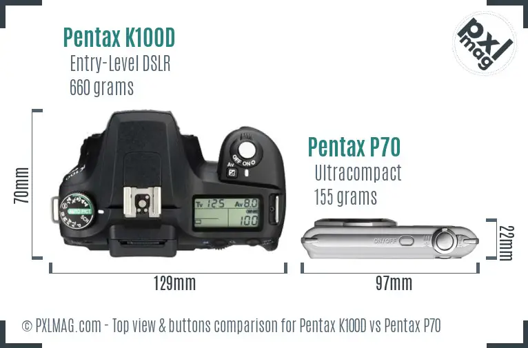Pentax K100D vs Pentax P70 top view buttons comparison