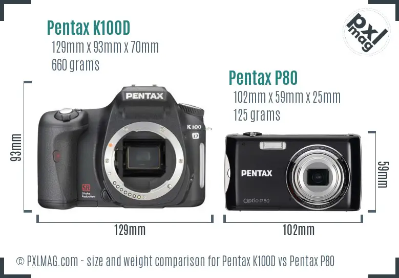 Pentax K100D vs Pentax P80 size comparison