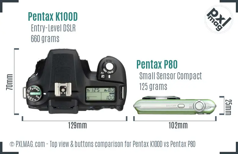 Pentax K100D vs Pentax P80 top view buttons comparison
