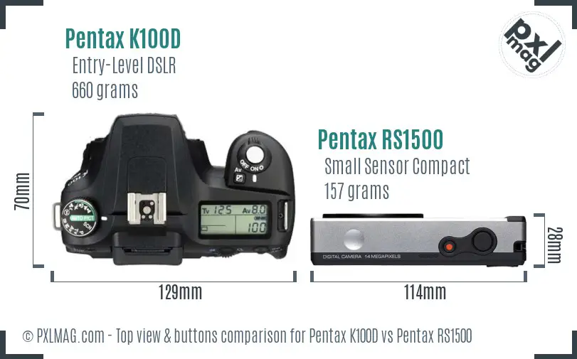 Pentax K100D vs Pentax RS1500 top view buttons comparison