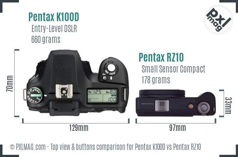 Pentax K100D vs Pentax RZ10 top view buttons comparison