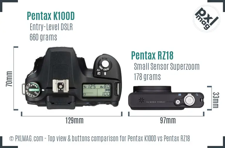 Pentax K100D vs Pentax RZ18 top view buttons comparison