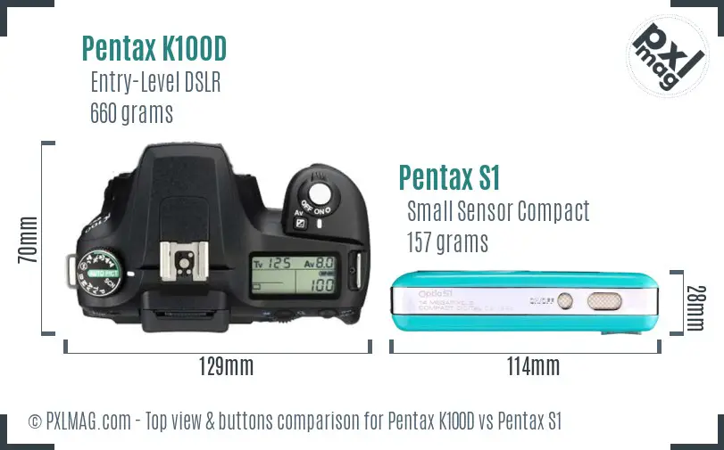 Pentax K100D vs Pentax S1 top view buttons comparison
