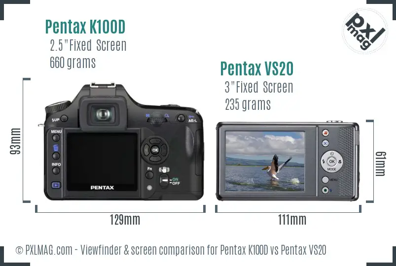 Pentax K100D vs Pentax VS20 Screen and Viewfinder comparison