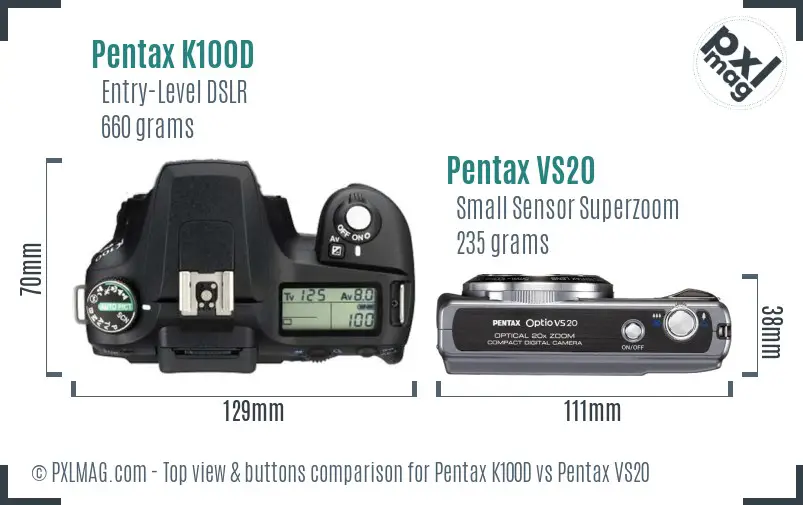 Pentax K100D vs Pentax VS20 top view buttons comparison