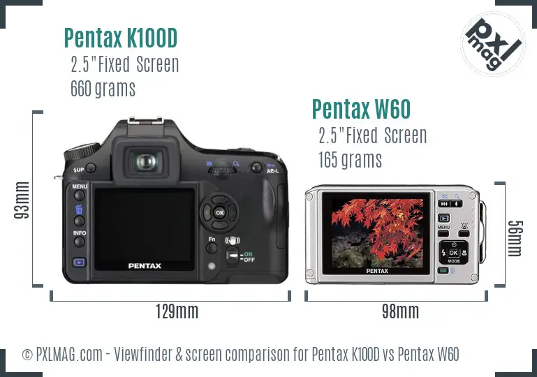 Pentax K100D vs Pentax W60 Screen and Viewfinder comparison