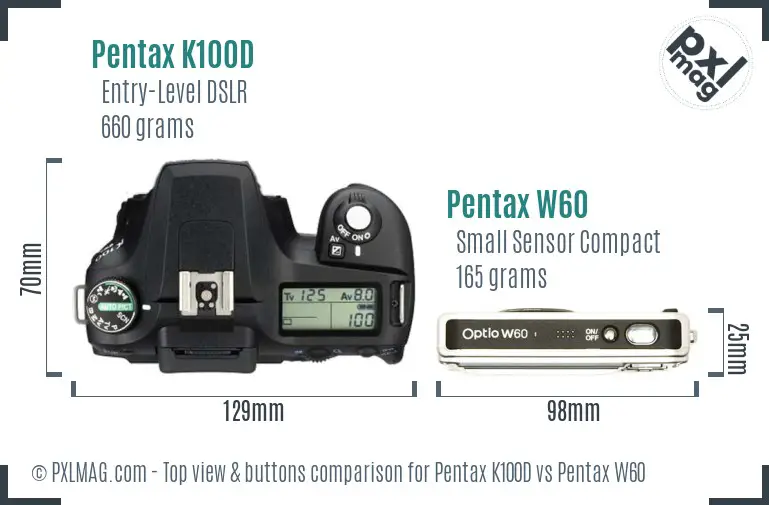 Pentax K100D vs Pentax W60 top view buttons comparison