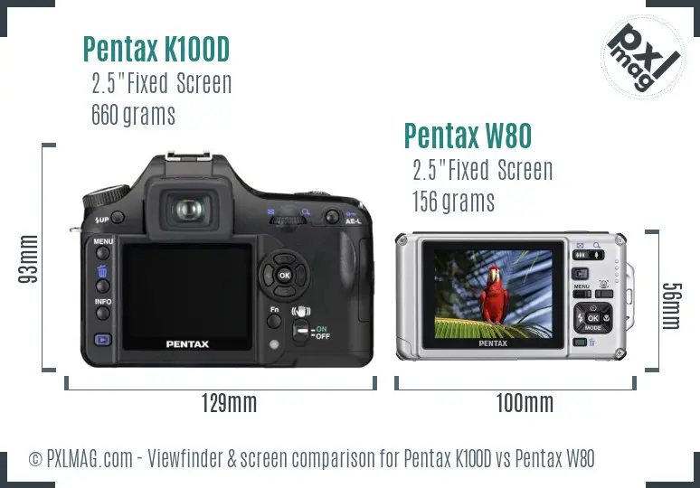 Pentax K100D vs Pentax W80 Screen and Viewfinder comparison