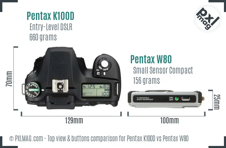 Pentax K100D vs Pentax W80 top view buttons comparison