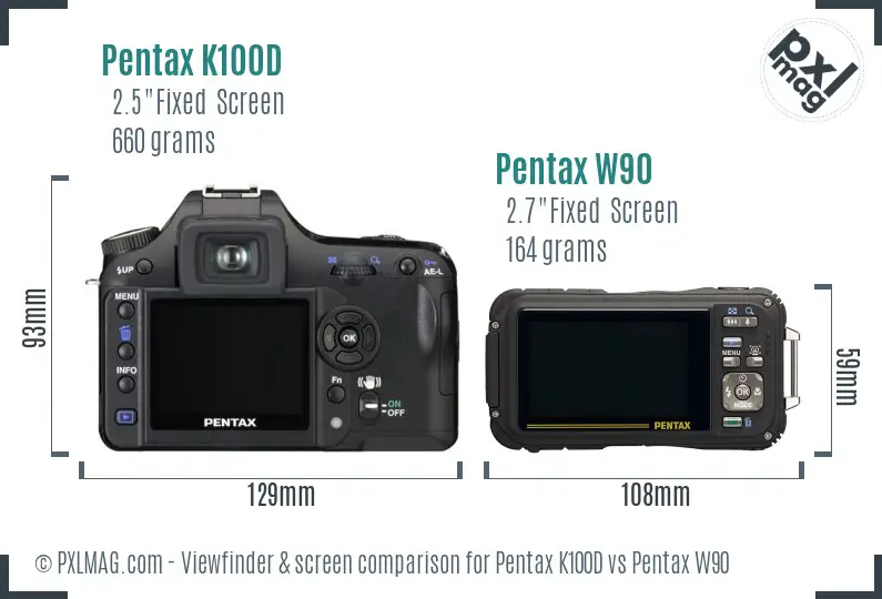 Pentax K100D vs Pentax W90 Screen and Viewfinder comparison