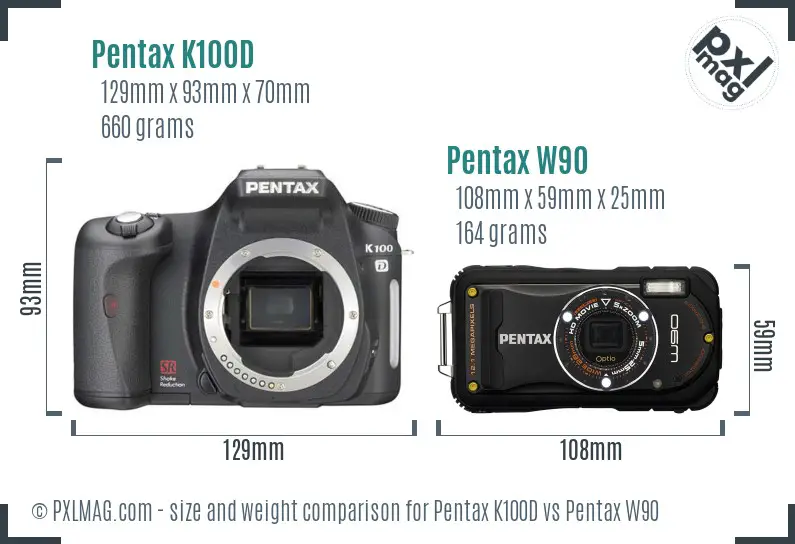 Pentax K100D vs Pentax W90 size comparison