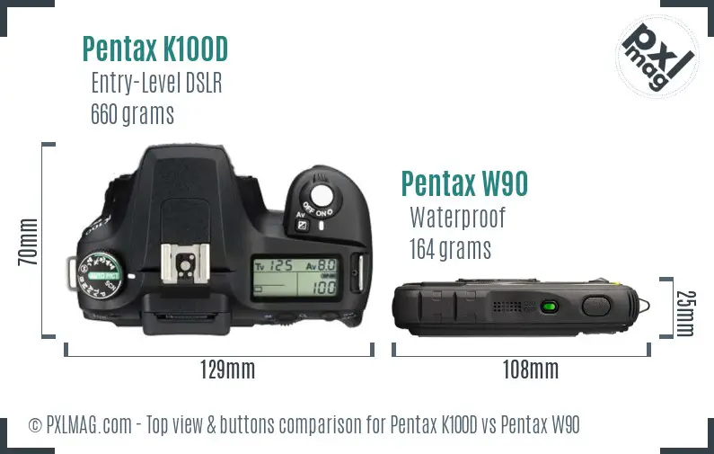 Pentax K100D vs Pentax W90 top view buttons comparison