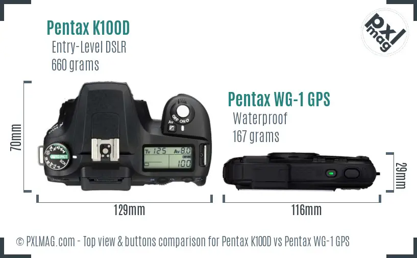 Pentax K100D vs Pentax WG-1 GPS top view buttons comparison