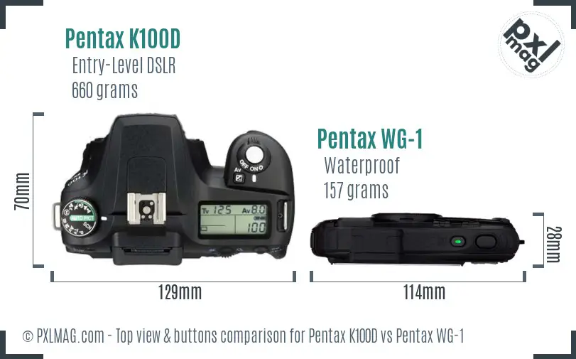 Pentax K100D vs Pentax WG-1 top view buttons comparison